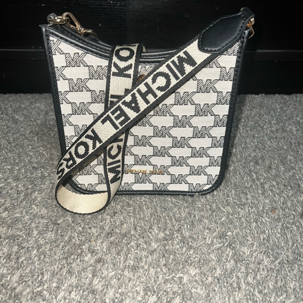 Michael Kors Black and White Crossbody Bag with Metallic Accents